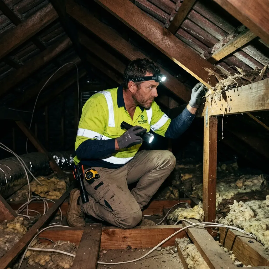 Technician inspecting a roof cavity for a dead animal in Bundoora