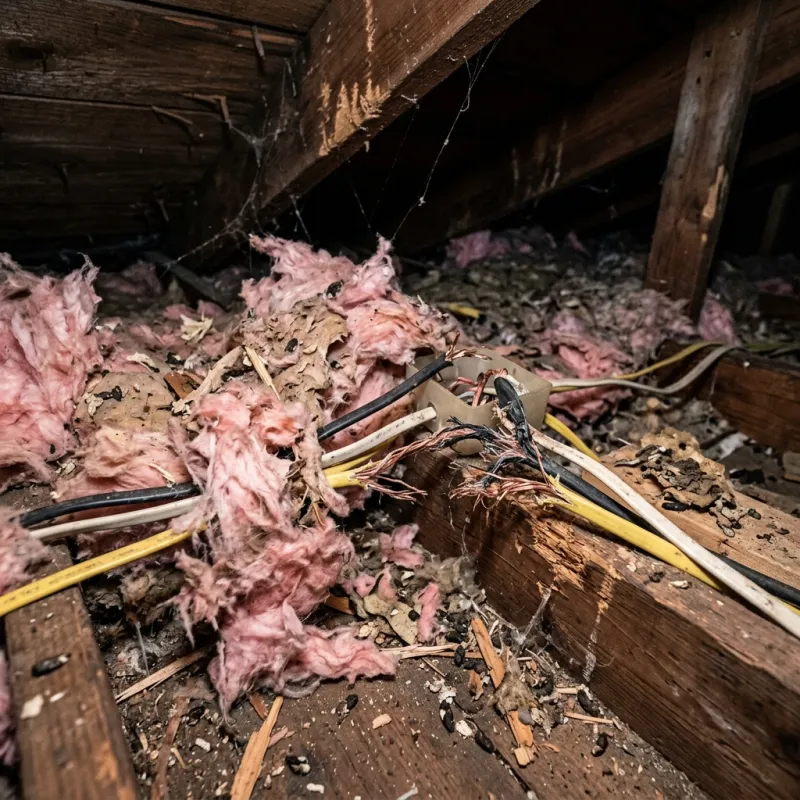 Contaminated ceiling insulation being assessed in a Bundoora roof space